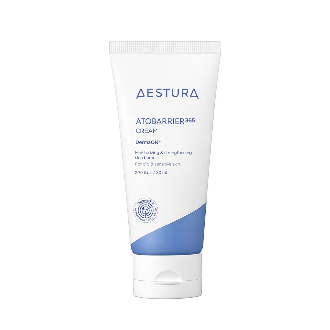 AESTURA ATOBARRIER 365 CREAMのチューブの製品写真です。白い背景に、製品の正面が写っています。チューブには、ブランド名や製品名、製品の特徴などが記載されています。