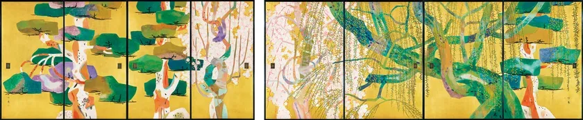 金色の背景に、緑色の木々や枝が描かれた、屏風のような絵画です。抽象的で、水彩画のようなタッチが特徴的です。
