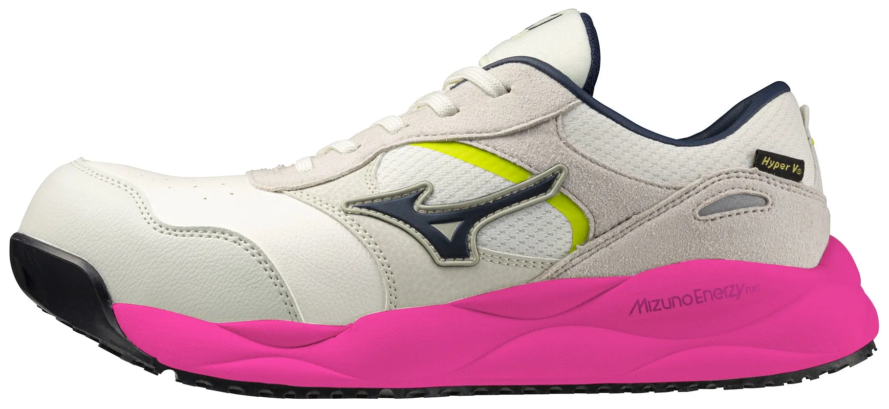 ミズノのピンク色のソールが特徴的なスニーカーの画像です。「Hyper V」のロゴと「Mizuno Enerzy nxt」の文字が見えます。