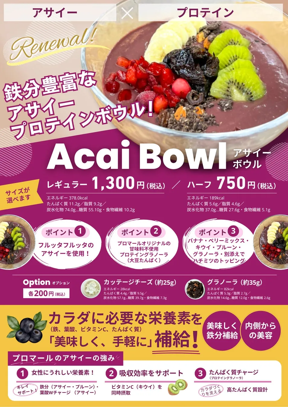 アサイーボウルのプロモーション画像です。鉄分豊富なアサイープロテインボウルが紹介されており、レギュラーサイズとハーフサイズが選べます。トッピングには、フルッタフルッタのアサイー、プロマールオリジナルのプロテイングラノーラ、バナナ、ベリーミックス、キウイ、プルーン、グラノーラ、ハチミツなどが含まれています。また、オプションでカッテージチーズも追加できます。カラダに必要な栄養素を美味しく手軽に補給できるとアピールしており、女性に嬉しい栄養素、吸収効率のサポート、たんぱく質チャージといった特徴が示されています。