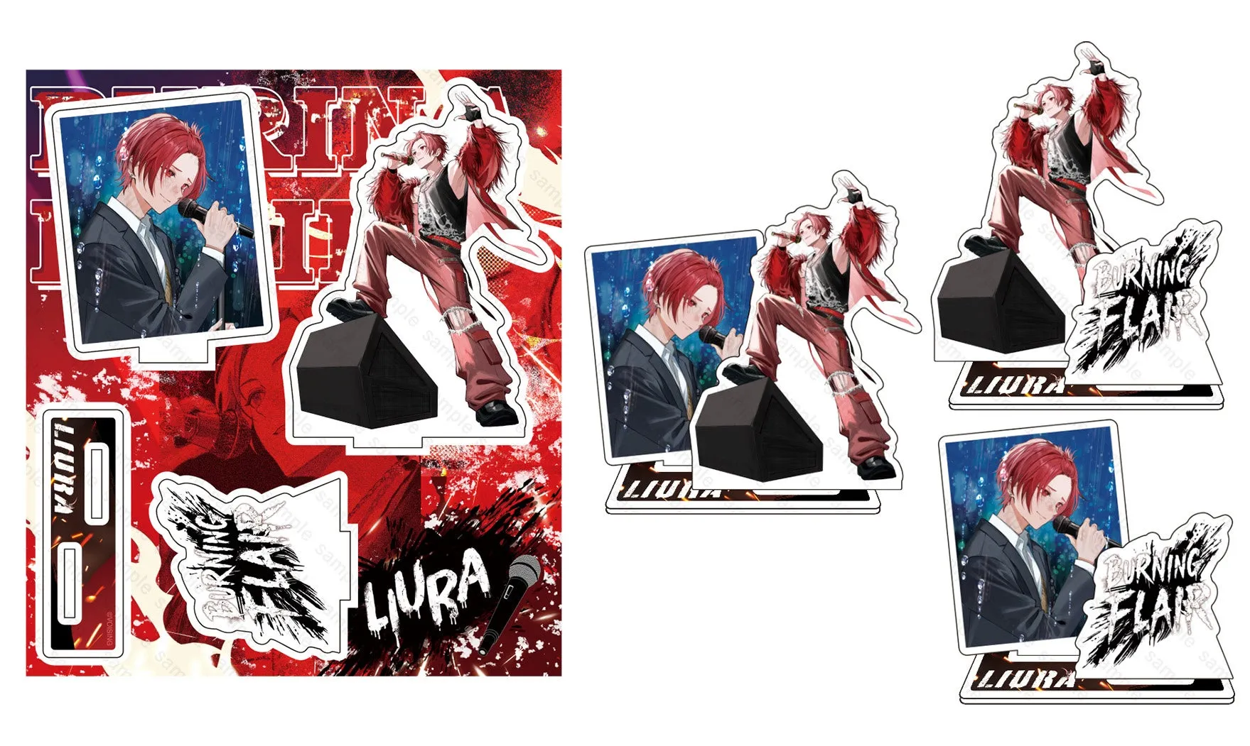 歌っている男性のイラストが描かれたグッズ。様々なポーズをとった男性のイラストが複数配置されている。