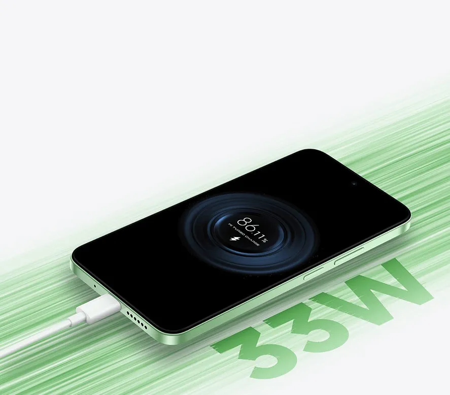 スマートフォンが充電されている様子。充電状況が86.11%であることを示し、高速充電技術と33Wの充電能力を強調している。