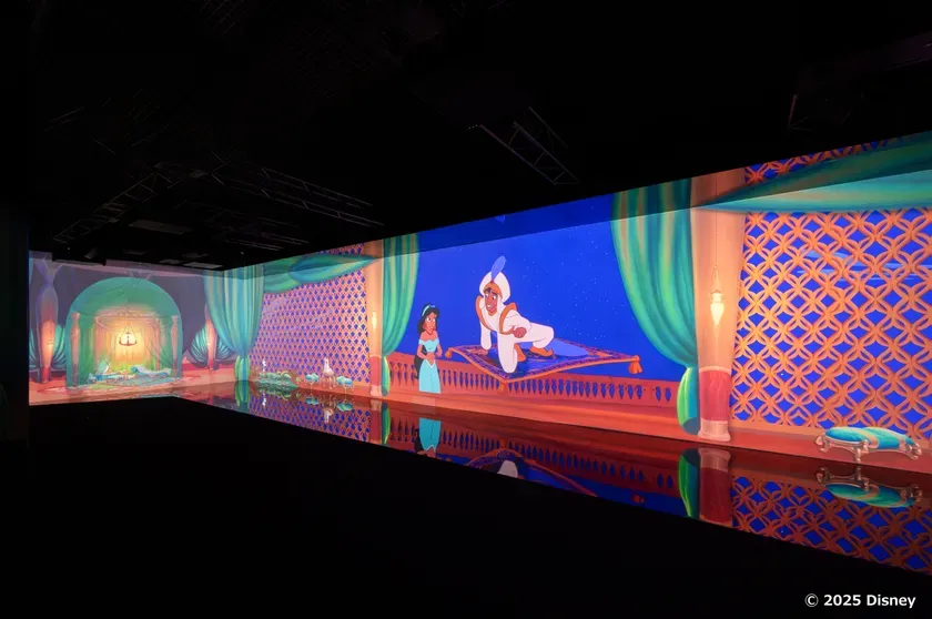 アラジンとジャスミンが魔法のじゅうたんに乗っている様子