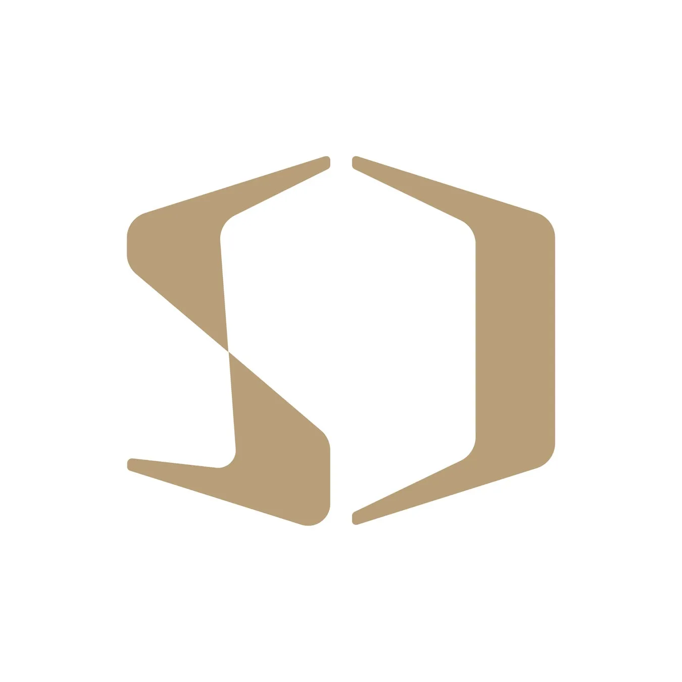 茶色の幾何学的なロゴマーク。2つの角が鋭角で、互いに向かい合っている。