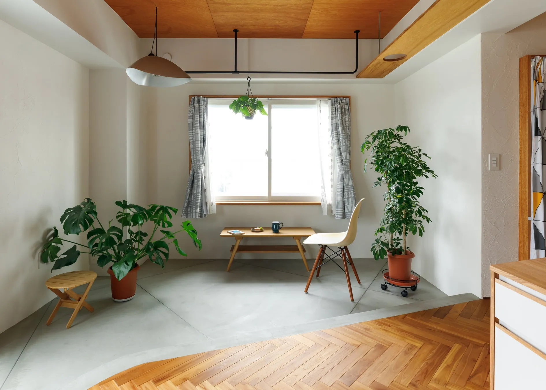 明るい日差しが差し込む、洗練されたリビングルームのインテリア。木製の天井と床が温かみを加え、モダンな家具と観葉植物が配置されています。
