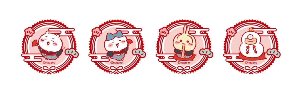 お正月をテーマにした、naganoさんのキャラクターたちのイラストです。それぞれ、白く丸いキャラクターが着物を着ていたり、楽器を演奏していたり、お餅のような姿をしています。