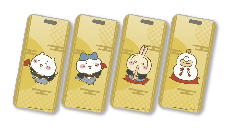 4つのキャラクターが描かれたスマホケースです。 それぞれ、白熊、猫、ウサギ、雪だるまのようなキャラクターが和服を着ています。