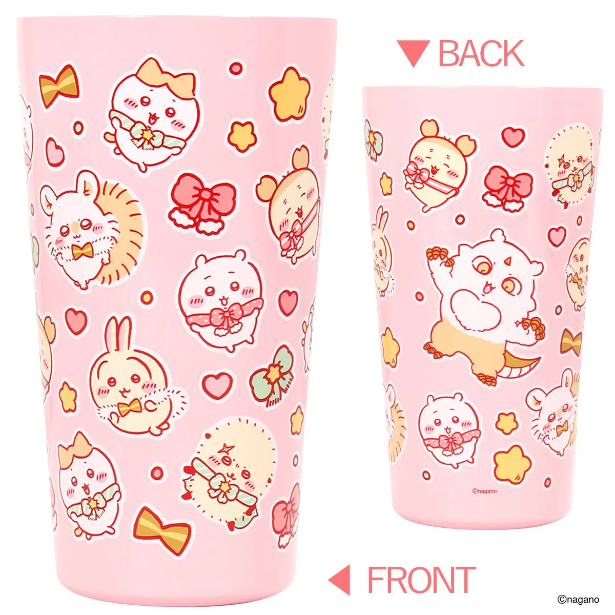 ピンク色のコップの正面と背面の写真。コップには、動物のキャラクターとリボン、星、ハートなどの装飾が施されている。
