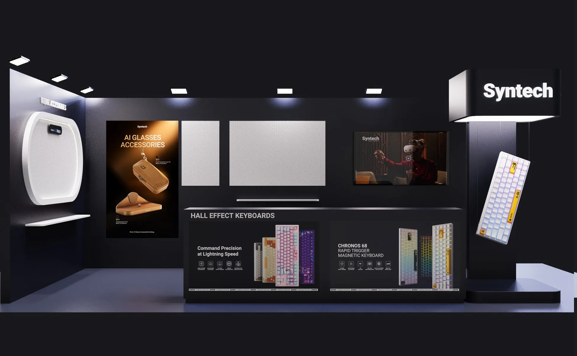 Syntechの製品展示の画像。AIグラスアクセサリーとキーボードが展示されている。キーボードには、CHRONOS 68 RAPID TRIGGER MAGNETIC KEYBOARDなどがある。