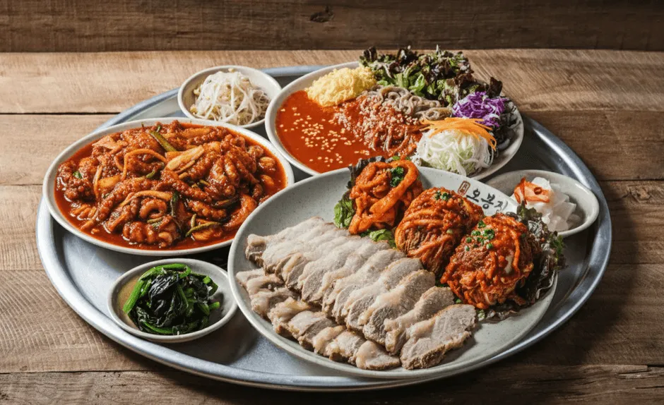 オボンスペシャル:豚肉、キムチ、イカ炒めなどが盛り付けられた料理