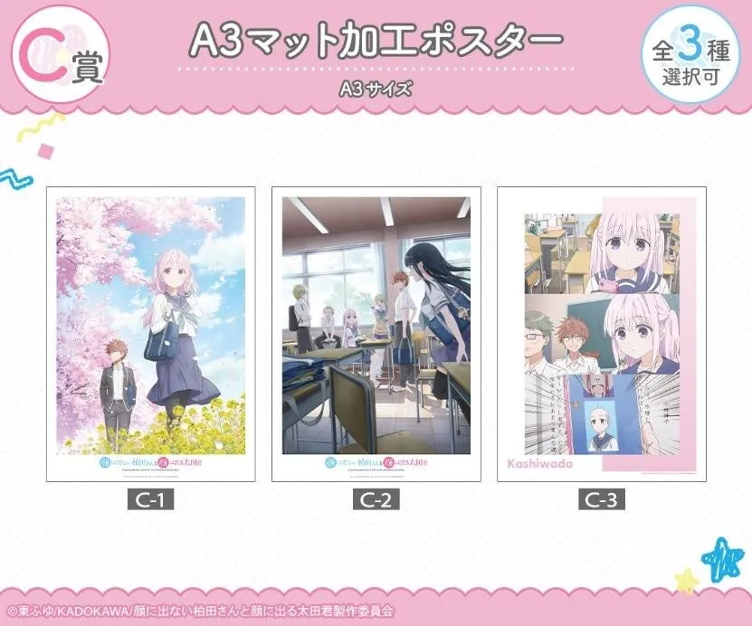 アニメのポスター。3種類のデザインがあり、それぞれC-1、C-2、C-3と表示されている。上部には「A3マット加工ポスター」と書かれており、中央にはアニメのキャラクターが描かれている。