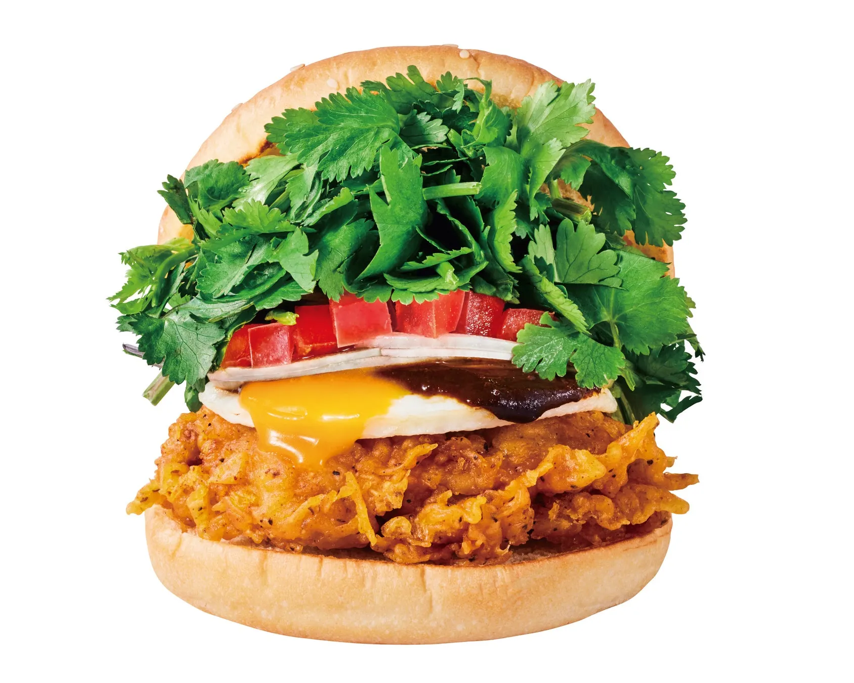 パクチーがふんだんに使われたハンバーガー。トマト、目玉焼き。