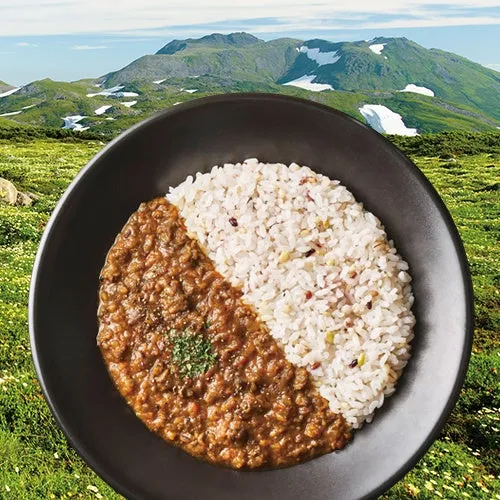カレーライスが盛られたお皿の画像。背景には山と緑の風景が広がっています。