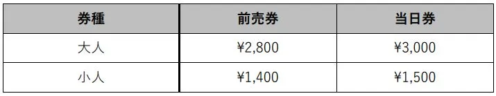チケットの料金表。大人と子供の料金、前売り券と当日券の料金が表示されている。