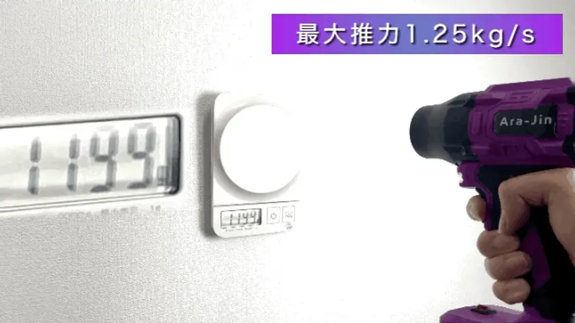 紫色の電動工具が白い壁に向かって使用され、壁に設置されたデジタルスケールが1199を示しています。テキストは最大推力1.25kg/sと表示されています。