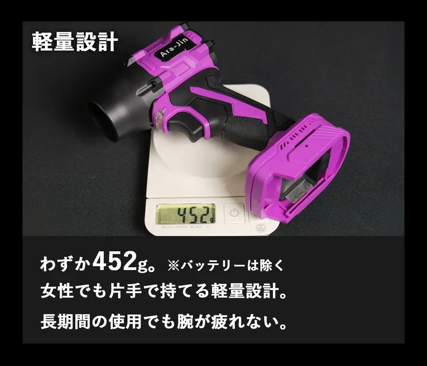 紫と黒の電動工具がデジタルスケールに載せられている画像です。スケールには452gと表示されており、軽量設計であることが示されています。テキストには、バッテリーを含まないこと、女性でも片手で持てること、長時間の使用でも腕が疲れないことが書かれています。