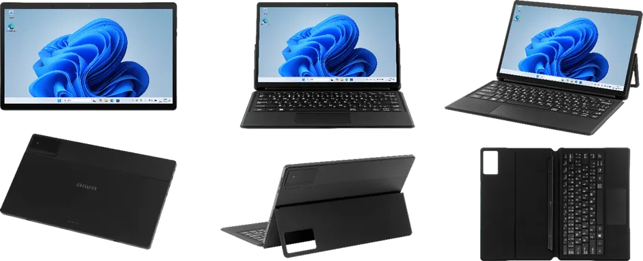 aiwaのタブレットPCの画像。様々な角度から撮影されており、タブレット本体とキーボードカバーが写っている。