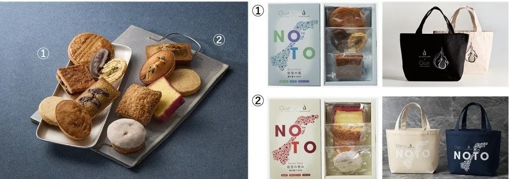 CalvaとNOTOのロゴが入ったお菓子とトートバッグ