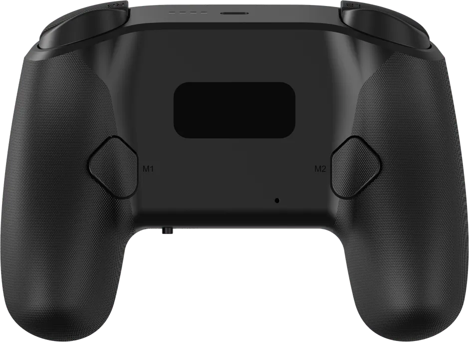 黒いゲームコントローラーの背面図。M1とM2とマークされた拡張ボタンが見える。
