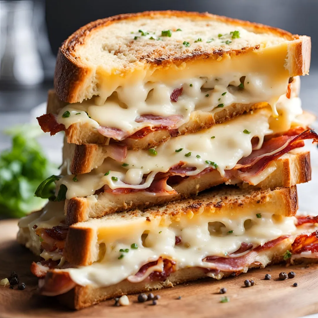 積み重ねられたチーズとハムのサンドイッチの写真。サンドイッチは、トーストされたパン、溶けたチーズ、ハムで構成されています。木製のまな板の上に置かれています。