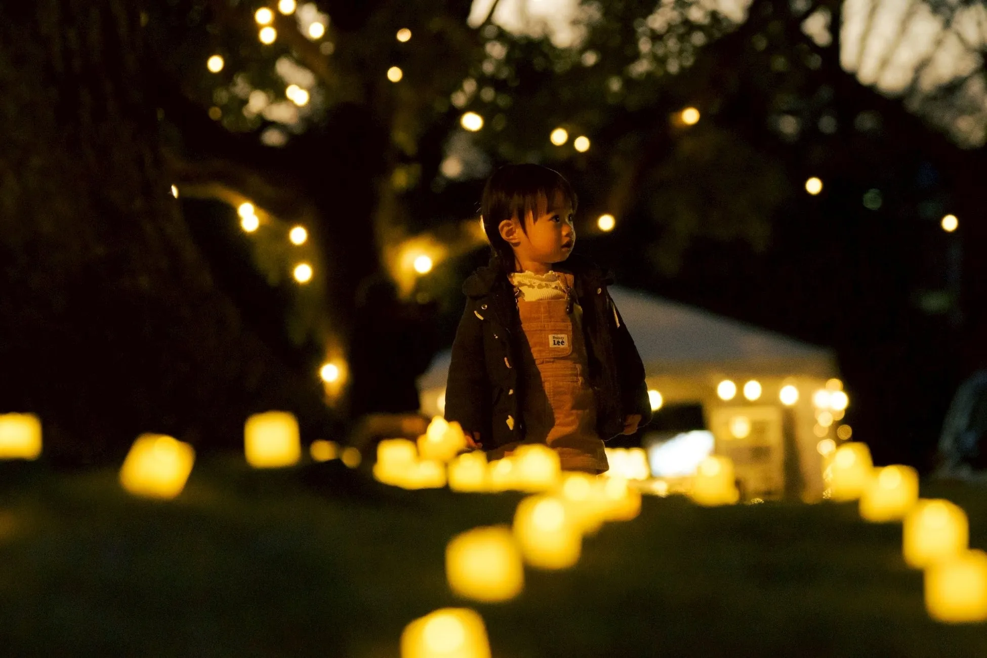 夜の公園で、ランタンの光に囲まれた子供。子供は、Leeのオーバーオールを着ており、周りの光を見つめている。