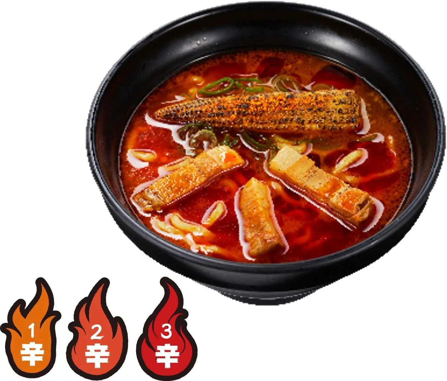 黒い器に入った赤いスープのラーメン。トッピングには、コーン、チャーシュー、ネギが添えられている。辛さのレベルを示すアイコンが3つ表示されている。