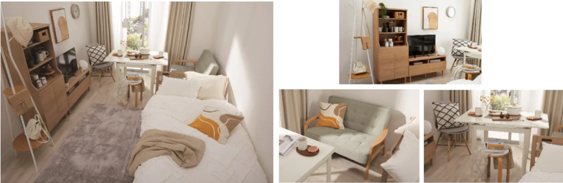 木製の家具が配置された、明るく温かみのある部屋の写真です。