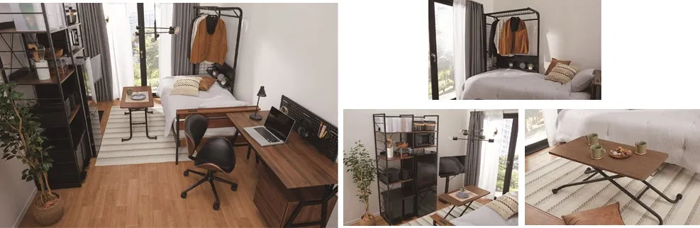 一人暮らしの部屋のインテリアの様子を写した写真。ベッド、机、棚、観葉植物などが写っています。