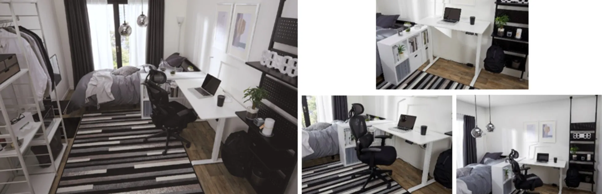 白いデスクと黒い椅子が置かれたモダンな寝室。