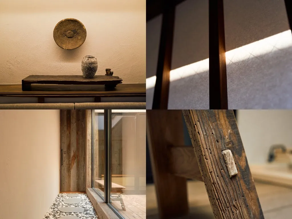 和風のインテリアの写真。木製の装飾品、石の小道、そして洗練された建築要素が特徴です。