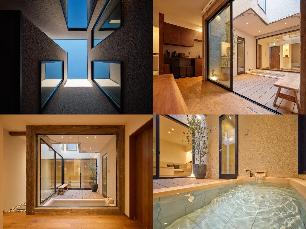 モダンな日本の住宅のインテリアデザインのコラージュ。中庭、バスルーム、キッチン、そして空を見上げる窓からの眺めが特徴です。