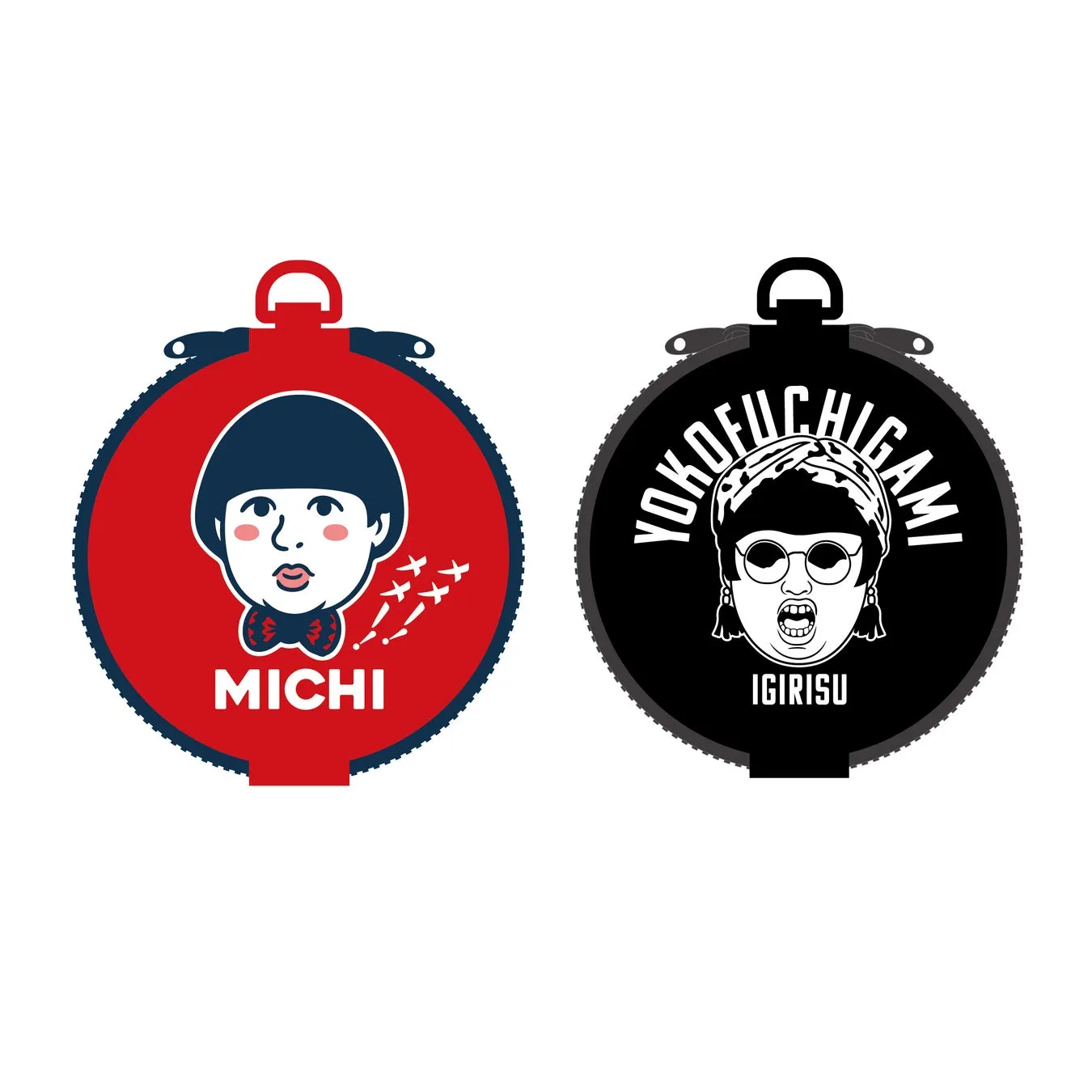 2つの円形のバッジのイラスト。左側は、赤い背景に、青い髪と蝶ネクタイをした男の子の顔が描かれています。