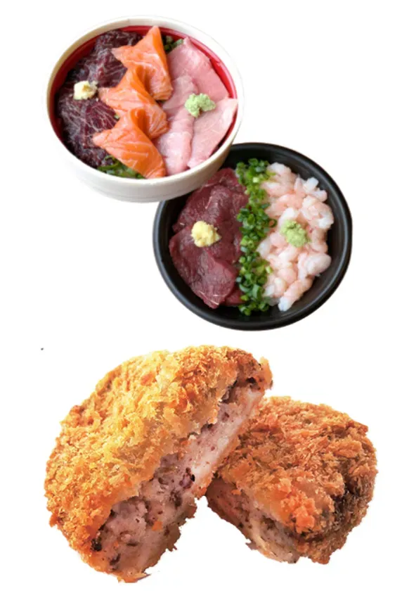 様々なお弁当の画像。上段にはマグロやサーモン、馬肉などが乗った海鮮丼、中段には馬肉とエビが乗った海鮮丼、下段には揚げられたコロッケが写っています。