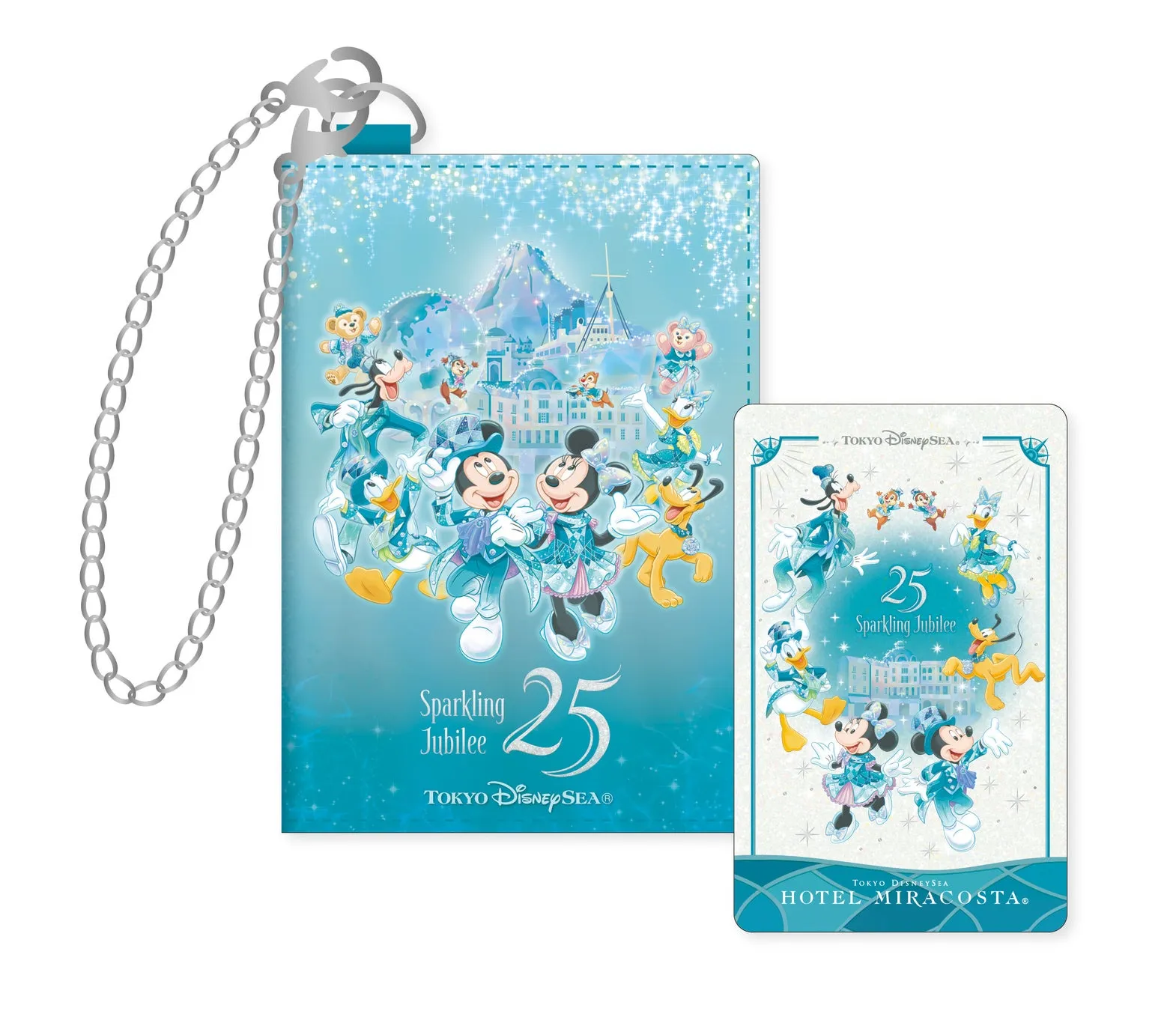 東京ディズニーシー25周年記念のパスケースとカード。ミッキーマウス、ミニーマウス、ドナルドダック、グーフィー、プルート、ダッフィー、シェリーメイなどのキャラクターが描かれています。パスケースは青を基調とし、東京ディズニーシーの風景が背景に描かれています。