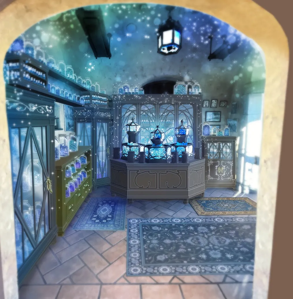 青い光で照らされたファンタジーな雰囲気の部屋。棚には瓶が並べられ、中央には装飾的なランプが置かれています。床には模様のある絨毯が敷かれ、全体的に幻想的な空間を演出しています。