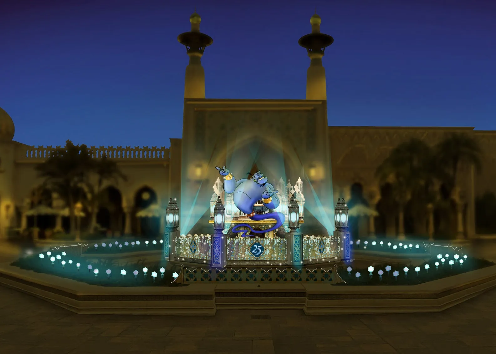 夜の噴水に立つジーニーのイラスト。 背景には、アラビアンな建物とライトアップされた装飾が描かれています。
