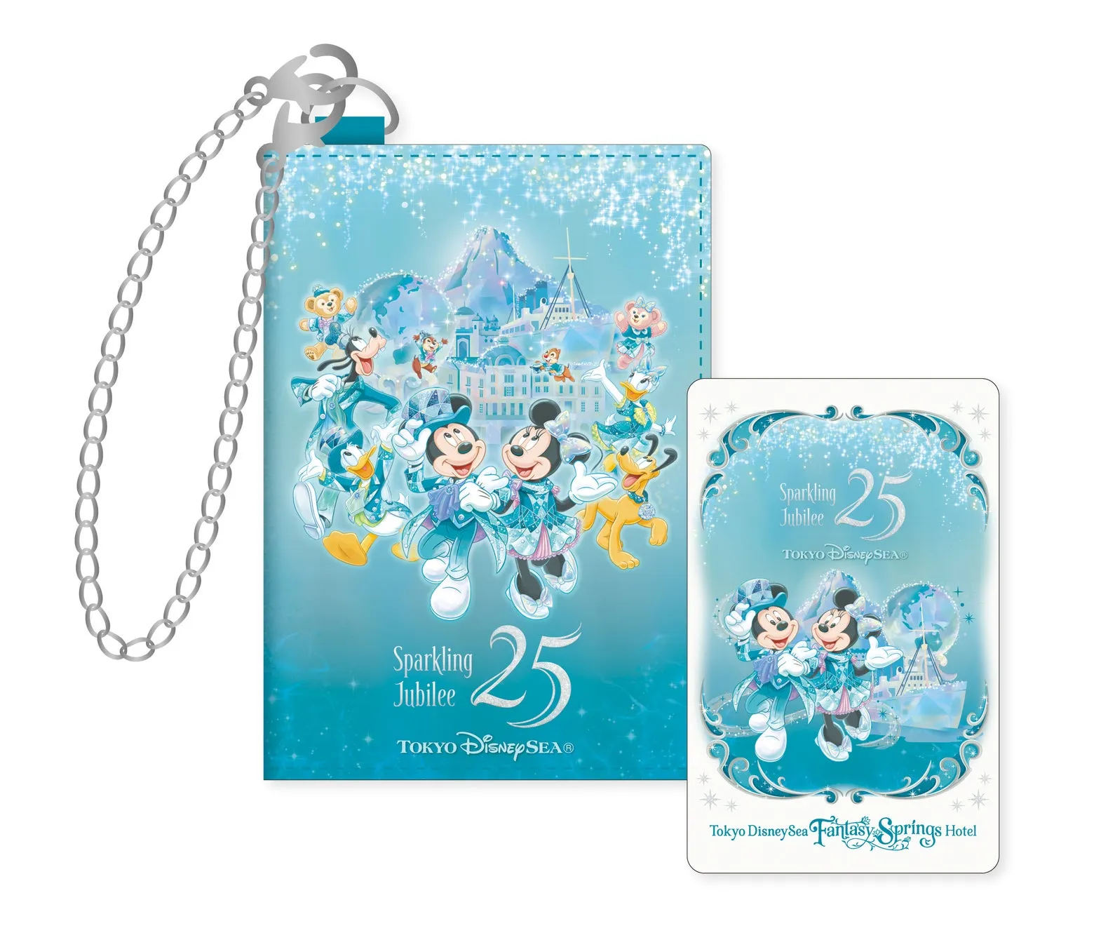 東京ディズニーシー25周年記念グッズ。ミッキーマウスとミニーマウス、その他ディズニーの仲間たちが描かれたパスケースとカード。