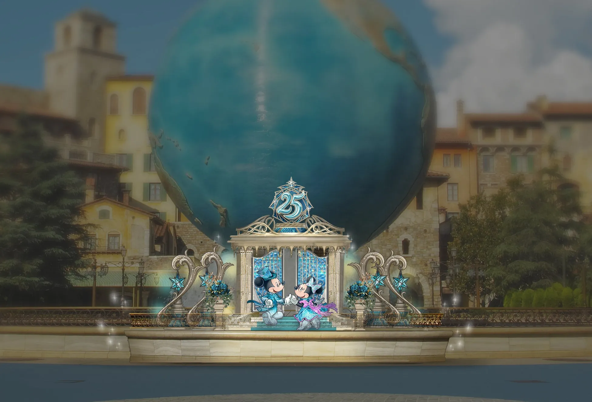 ミッキーとミニーが25周年を祝っている様子を描いたイラスト。背景には大きな地球儀と、ヨーロッパ風の建物が描かれている。