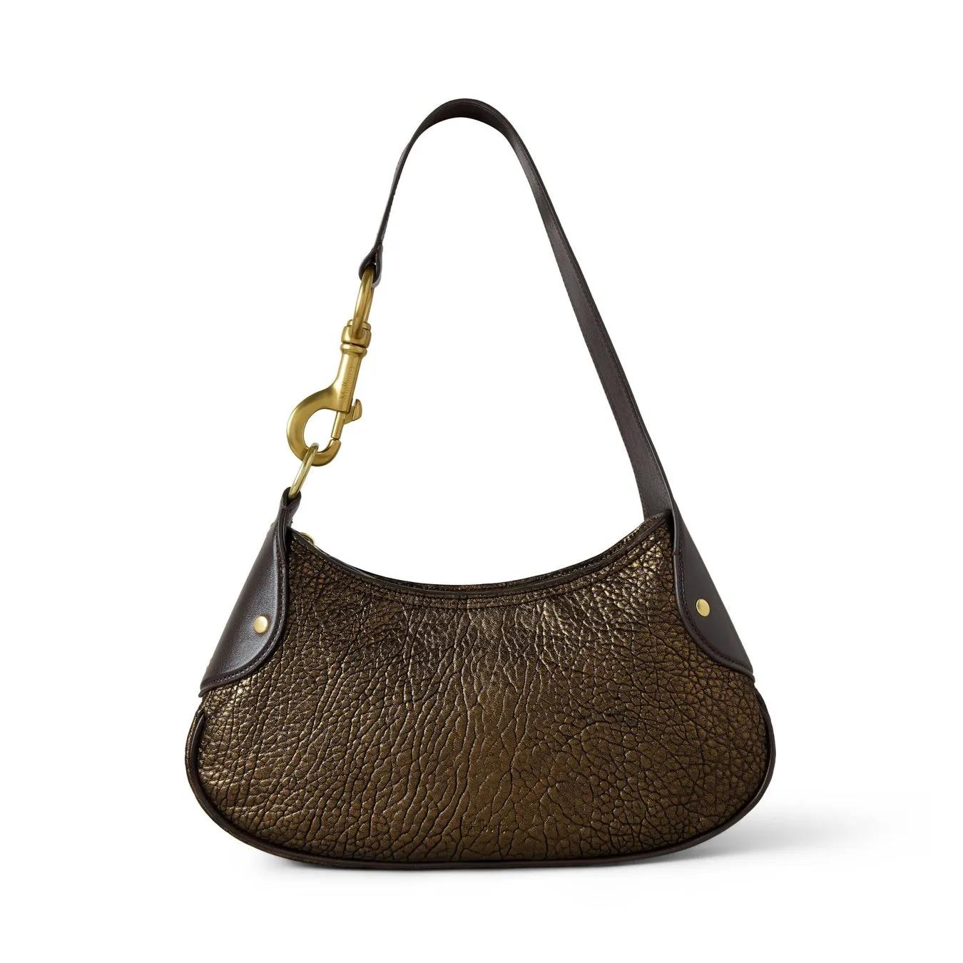 茶色の革製ショルダーバッグの画像です。バッグは、前面にテクスチャ加工された革、上部に茶色の革のアクセント、金色の金属製の留め金とストラップが付いています。