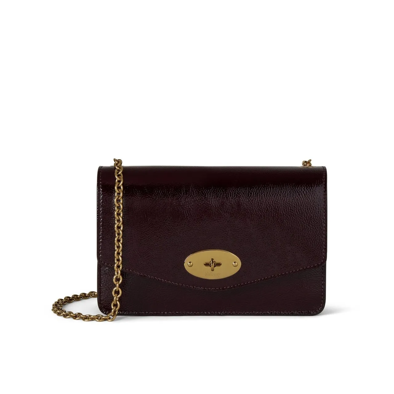 マルベリーの赤いショルダーバッグの画像。チェーンストラップとターンロッククロージャーが付いている。