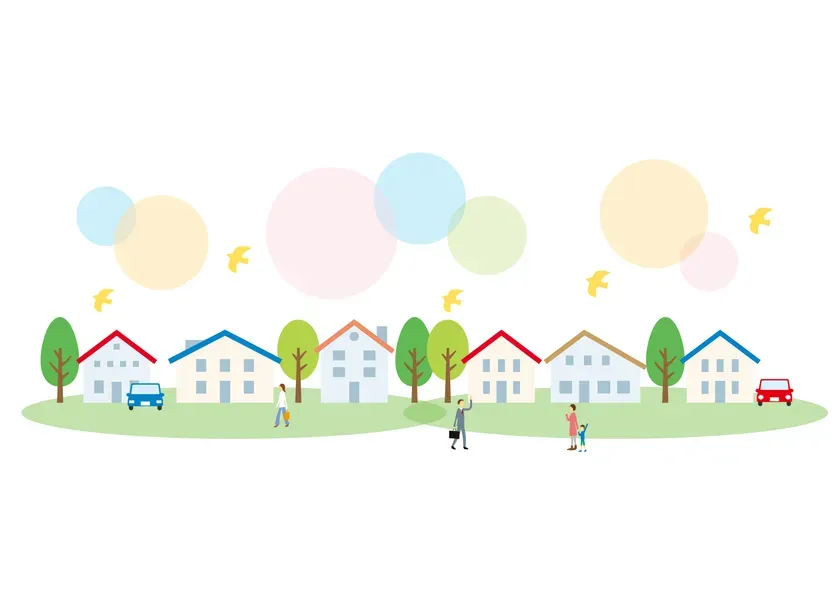 家が並んだイラストです。空には鳥と丸い模様が描かれています。