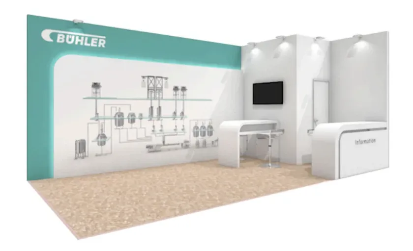 展示会のブースの様子。ブヒラーのロゴがあり、白を基調とした洗練されたデザイン。情報カウンターやモニターが設置されている。