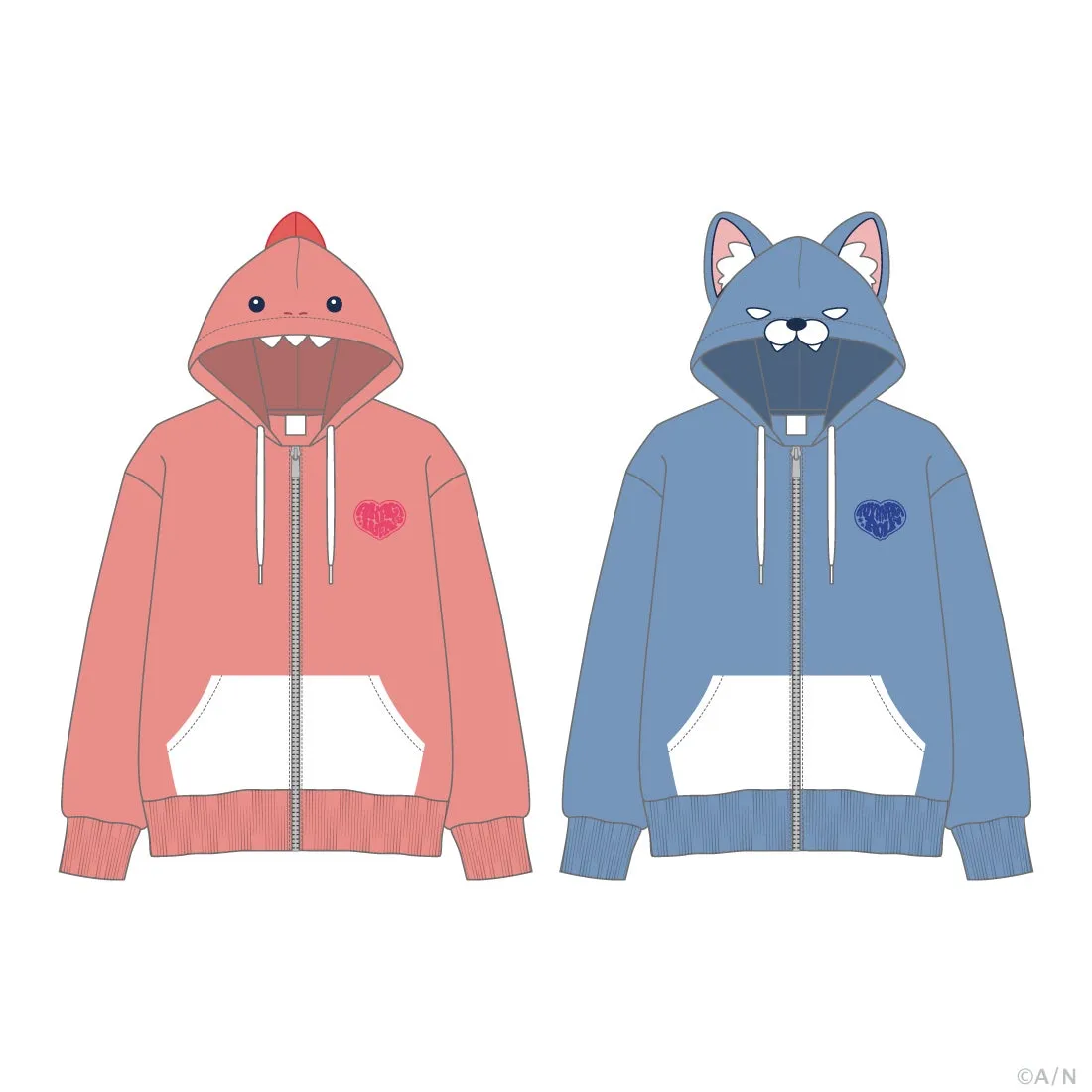 ピンクの恐竜と青いオオカミのフード付きパーカーのイラスト。