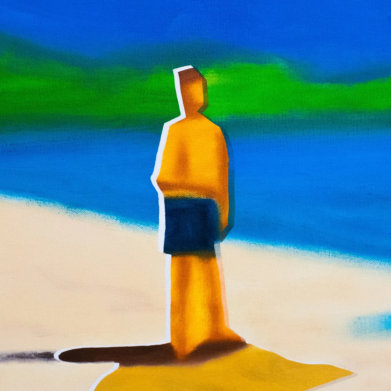 ビーチに立っている人物の抽象画、黄色、青い水着、影