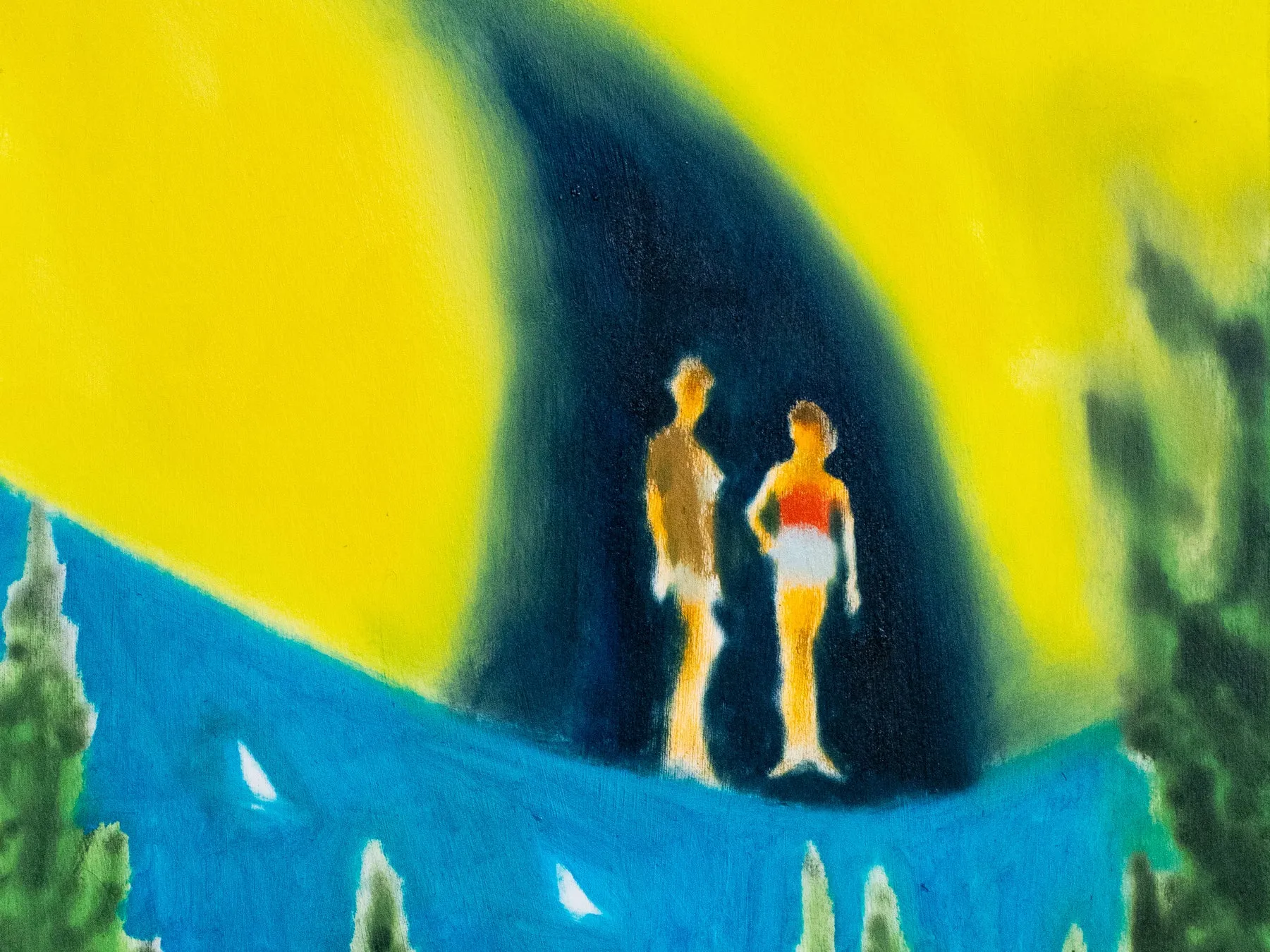 抽象画、黄色と青色の背景に人物シルエット