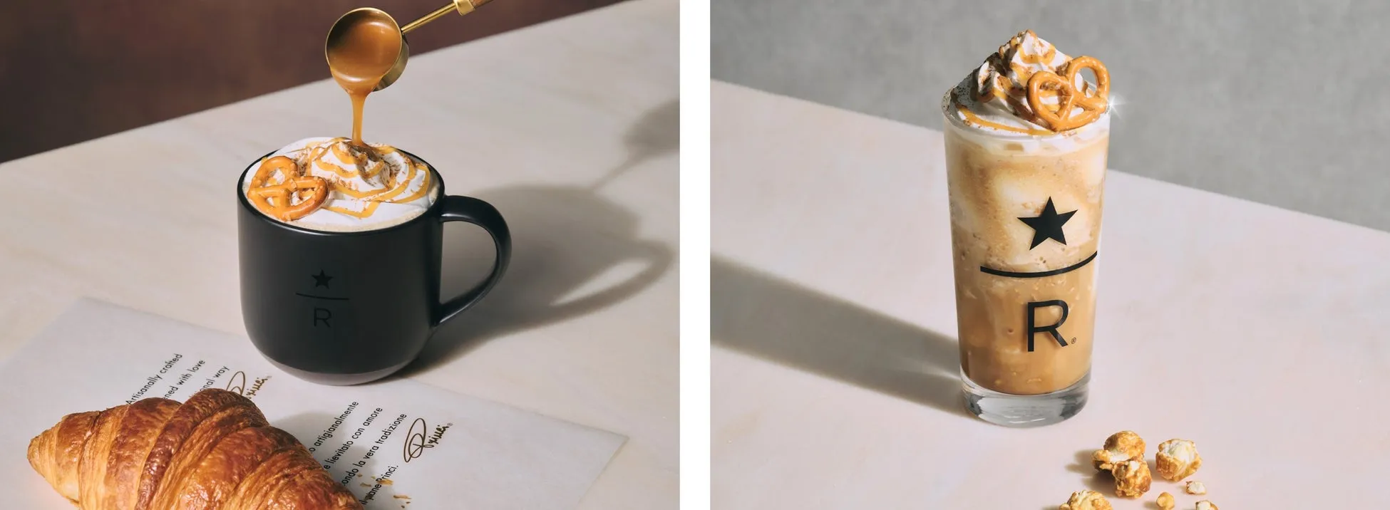 2種類のスターバックスの飲み物とクロワッサン