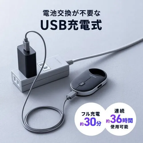 USB充電式のマウスの画像。マウスは充電器に接続されており、フル充電には約30分、連続使用で約36時間使用可能と書かれています。