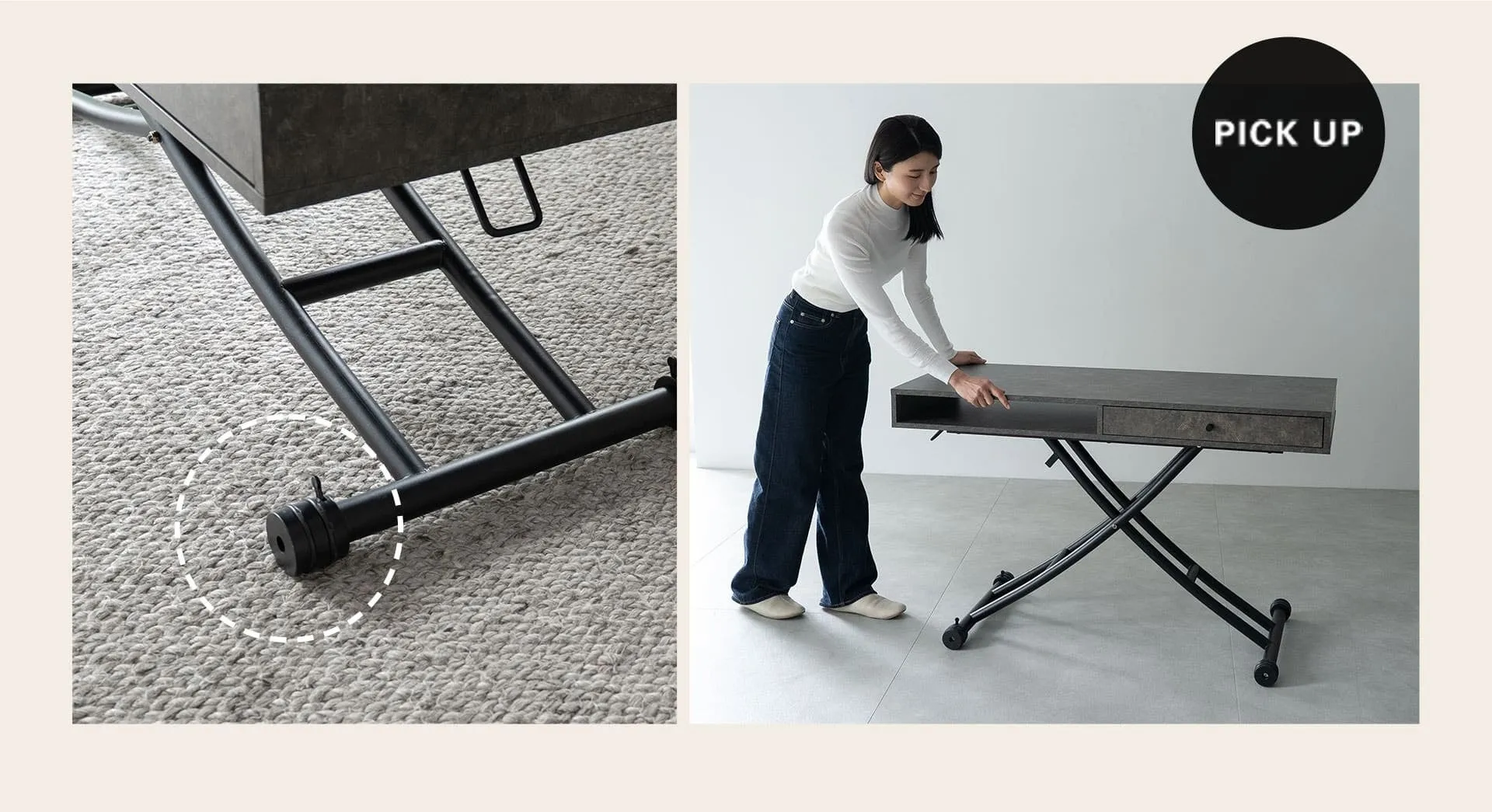 女性が昇降式のテーブルを操作している様子が写っています。テーブルは黒い金属製の脚と灰色の天板で構成され、女性はテーブルの引き出しに手をかけています。左側にはテーブルの脚の拡大図があり、床との接続部分が写っています。