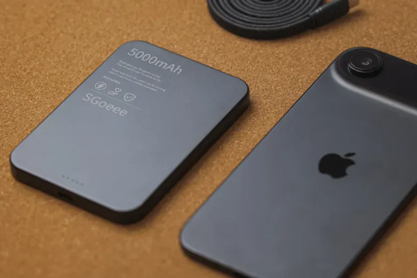 黒いモバイルバッテリーとiPhoneの写真です。モバイルバッテリーには5000mAhの容量が表示され、SGoeeeのロゴがあります。iPhoneの背面にはAppleのロゴが見えます。背景は茶色です。