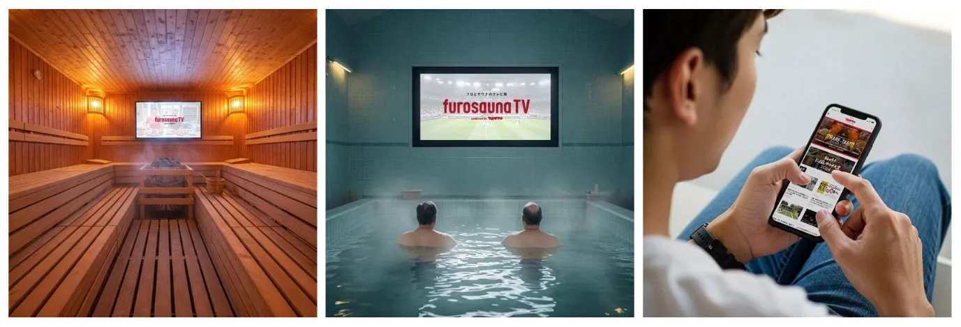 サウナと温泉の映像が流れるテレビを見ている人々の様子が写っています。スマートフォンで情報を閲覧している人もいます。